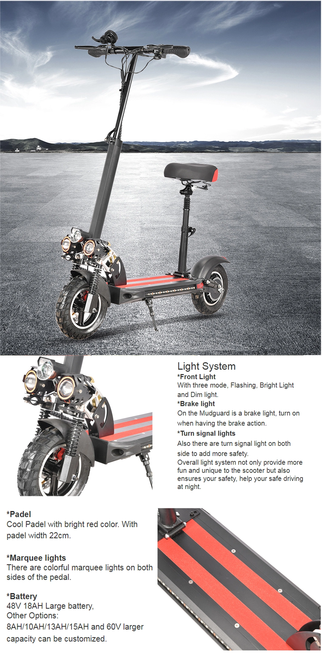 New 48V 1000W Adult Electric Scooter with Seat Light and Suspension Adult E Scooter